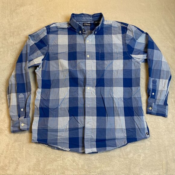 Chaps Mens Shirt XL Blue & White Plaid Button-Down Long Sleeve 100% Cotton - Picture 11 of 12
